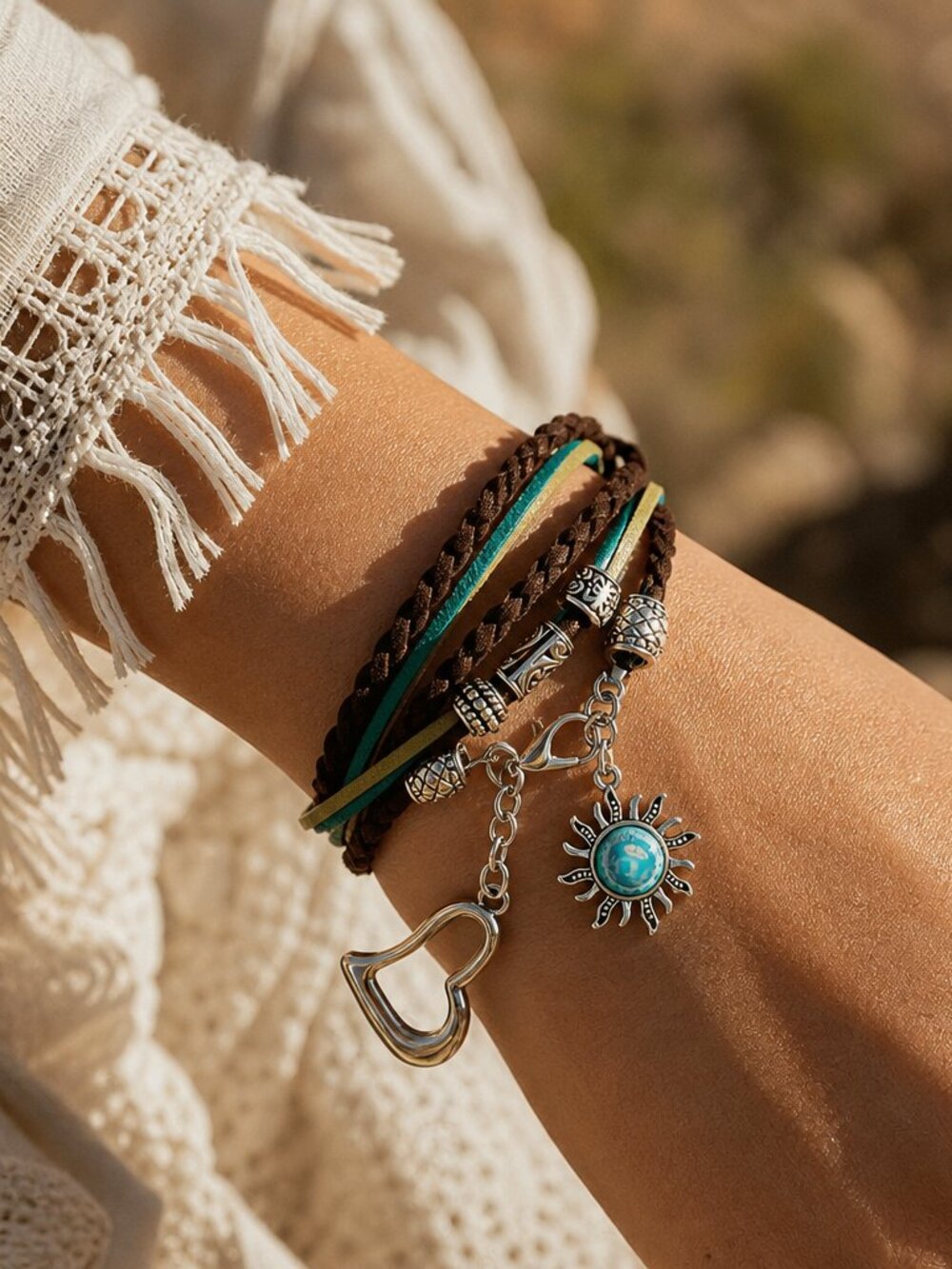 Boho Charm Bracelet - Adjustable Double‑Wrap – Handmade Layered Bracelet